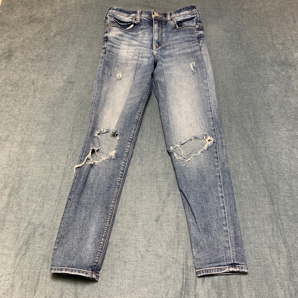 Express Original Girlfriend Jeans Womens 00 Blue Stretch High Rise Distressed